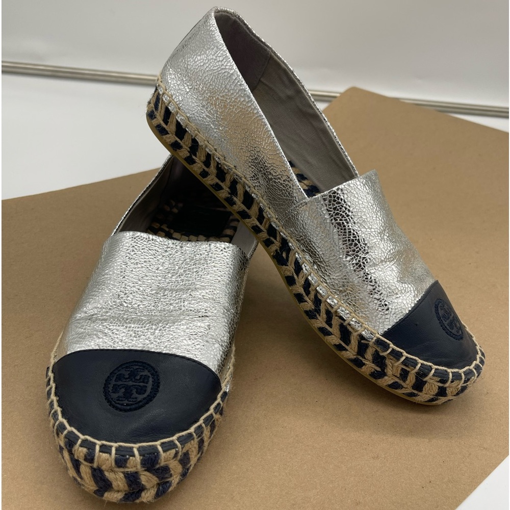 Tory Burch Leather Colorblock Platform Espadrilles Metallic Silver Navy Blue